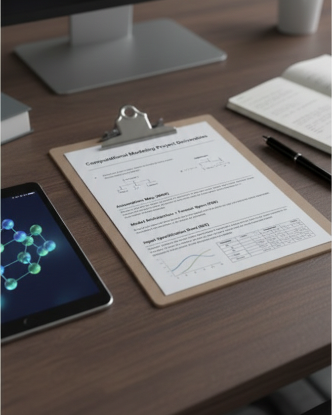 Four-stage computational modeling for medical research process, showing Stage 0 intake by email, Stage 1 method architecture diagram, Stage 2 model equations, and Stage 3–4 simulation dashboard.